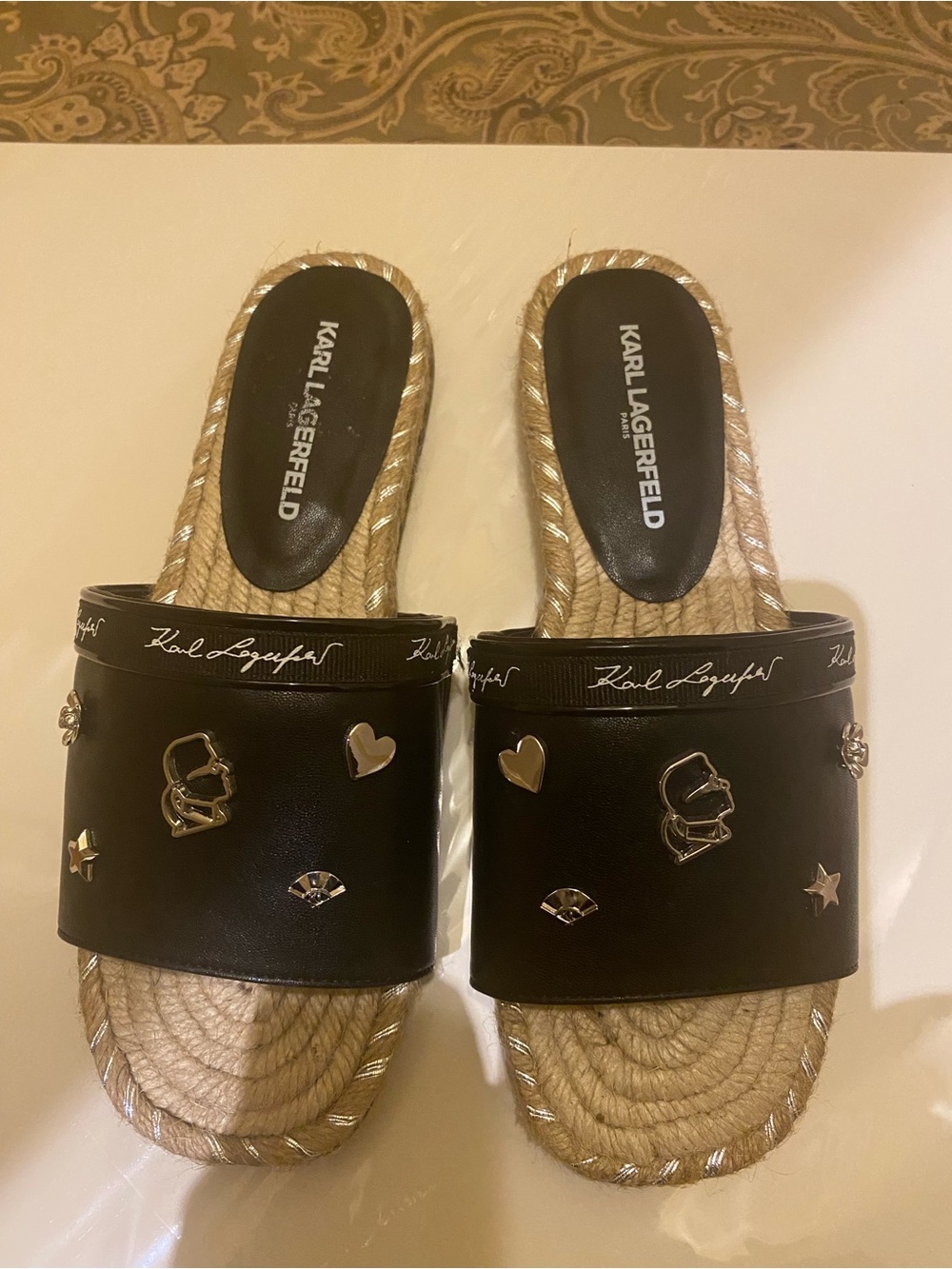 Karl Lagerfeld Black Slide Sandals with Gold Charm Accents - Picture 1 of 3